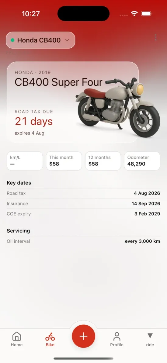 MyRideSG bike overview showing road tax due in 21 days alongside the other key ownership dates