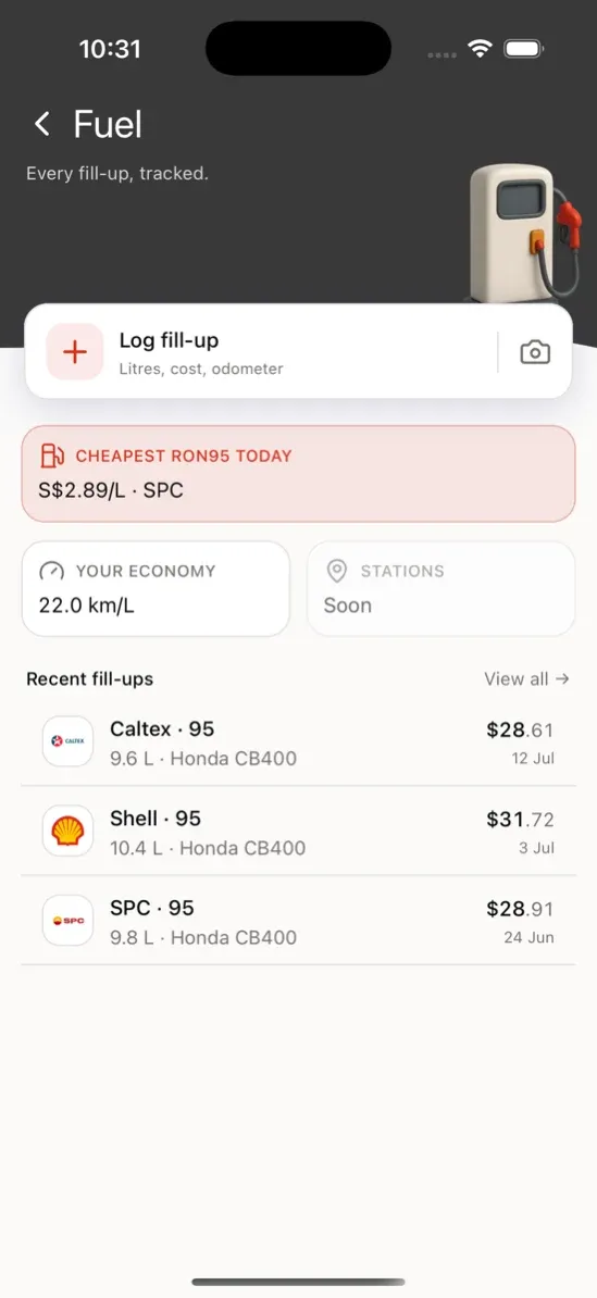 MyRideSG fuel screen showing the cheapest RON95 today and fuel economy in km per litre