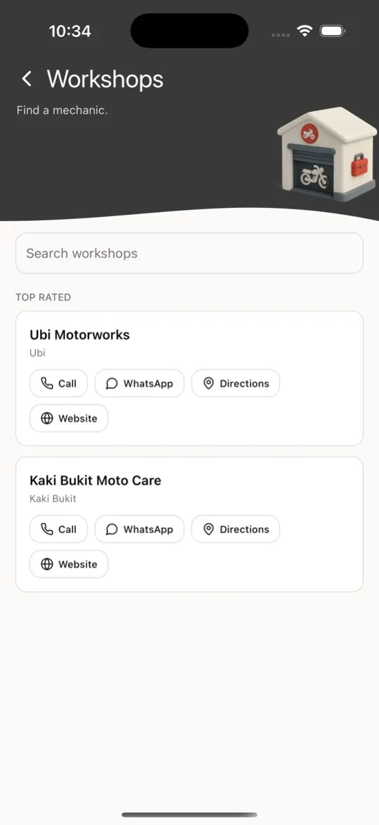 MyRideSG workshops directory with call, WhatsApp and directions actions